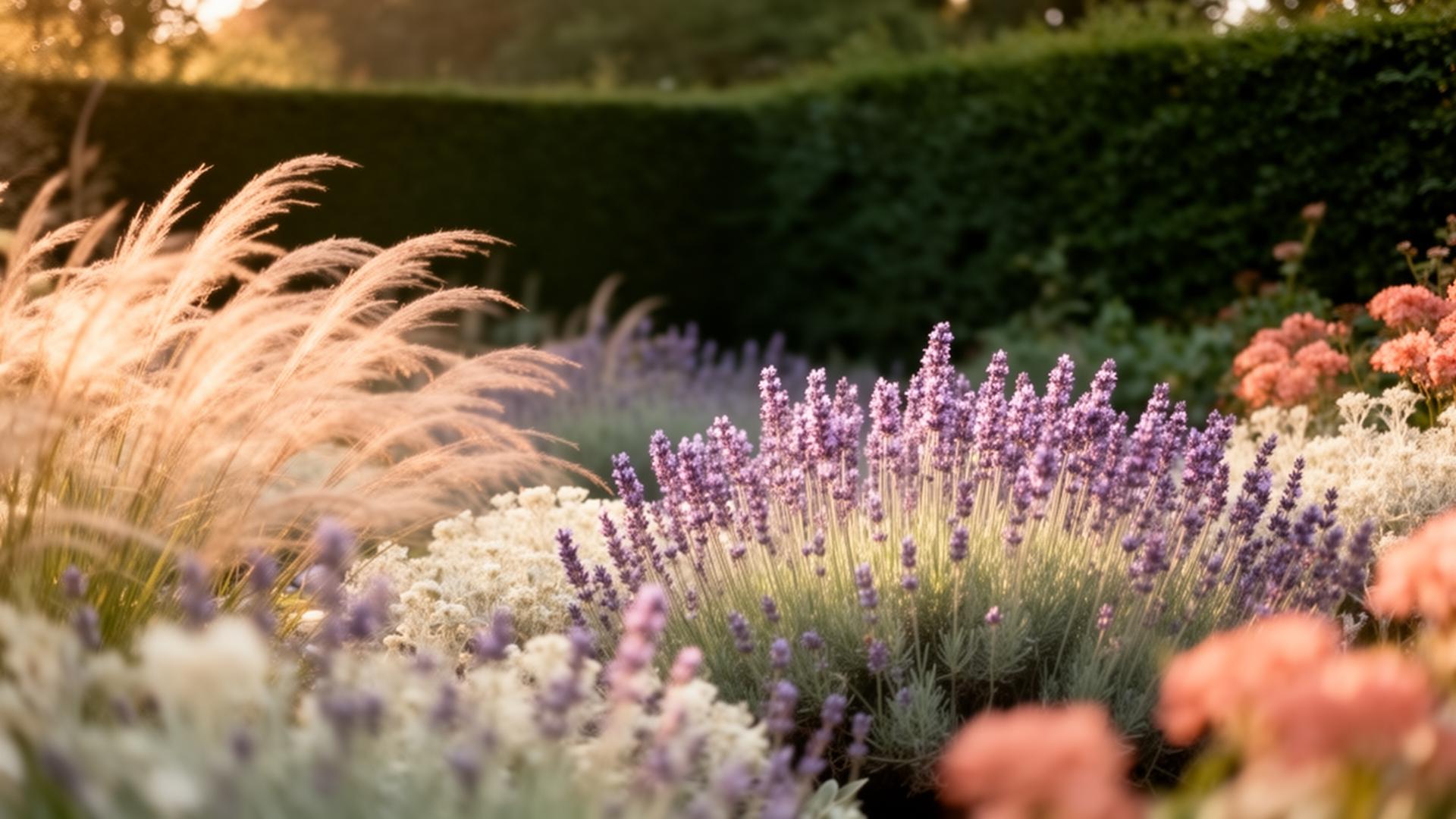 Lavender, grasses and yarrow in a soft-focus English garden border
